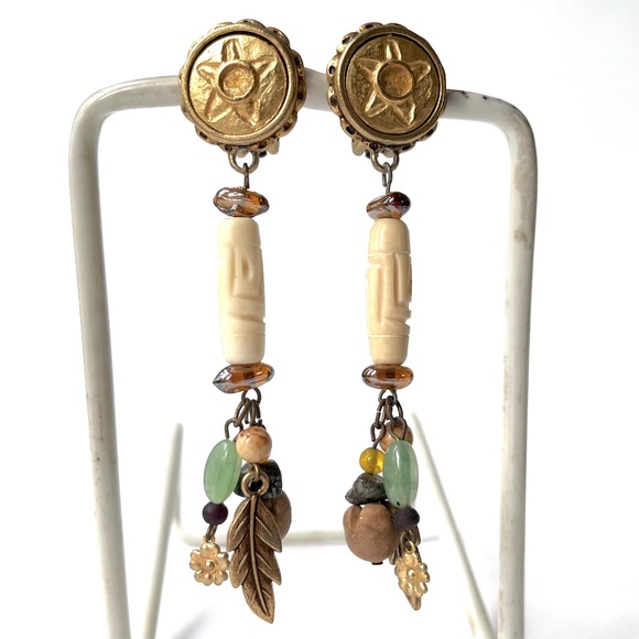 Vintage Robert Rose Long Dangle Clip Earrings Tribal Aventurine Jasper Bone Boho - Picture 8 of 9